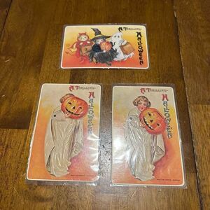 Vtg Repo Moving Action Halloween Postcards Cats & Pumpkin Girl Embossed lot of 3
